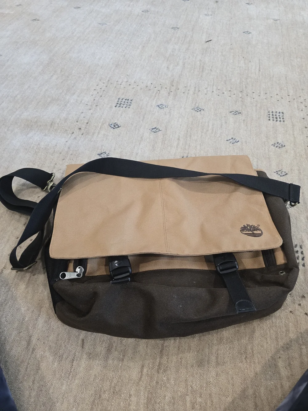 Timberland Brown Canvas and Tan Leather Messenger Bag